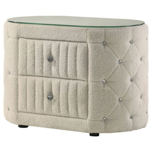 English Elm Santiago Ivory boucle oval nightstand with acrylic tufting, tempered glass top, 2-drawer compact storage B062P375537