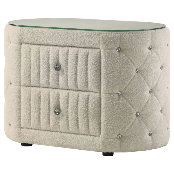 English Elm Santiago Ivory boucle oval nightstand with acrylic tufting, tempered glass top, 2-drawer compact storage B062P375537