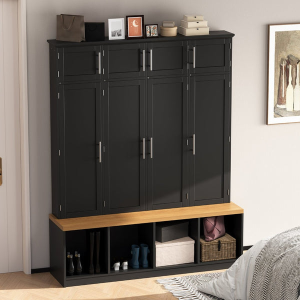 English Elm Wood Entryway Hall Tree with Bench Seating Coat Hooks Shoe Cubbies Cabinet Black W5271S00003