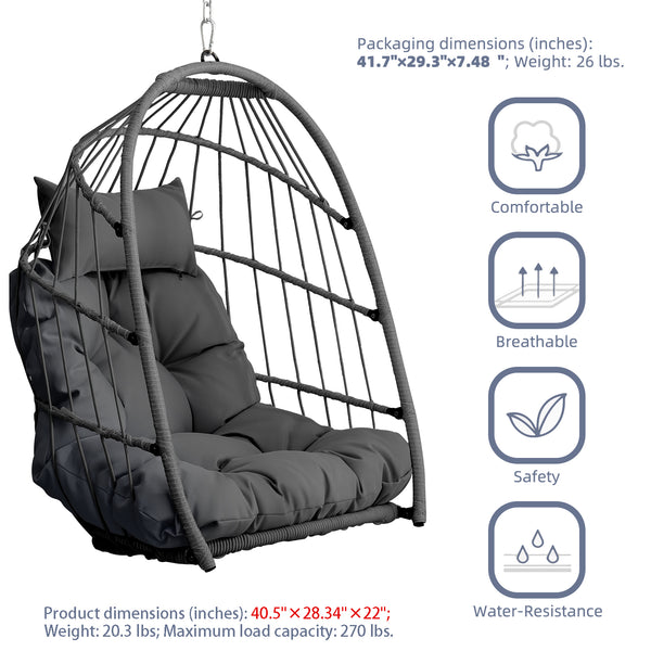 English Elm Outdoor Egg-shaped Hanging Chair with Stand - Cozy Cushioned Swing, Sturdy 350 lb Frame, Indoor/Patio Use Gray+Gray W2500P309523