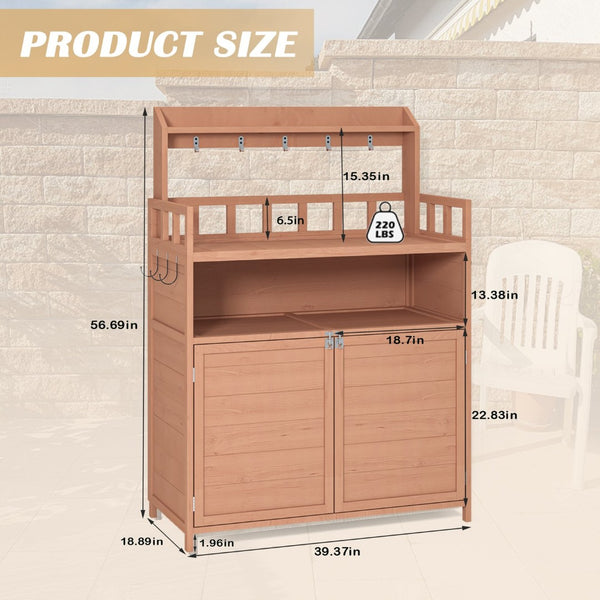 English Elm Potting Bench Fir Wood Outdoor Workstation with Cabinet Shelf and Tool Hooks W1850P201057