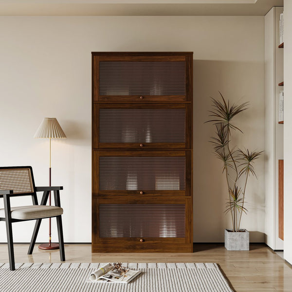 English Elm Bookcase Contemporary Glass Door Display Cabinet 4-Tier Dustproof Office Storage Shelves 31.5"L W331P195805