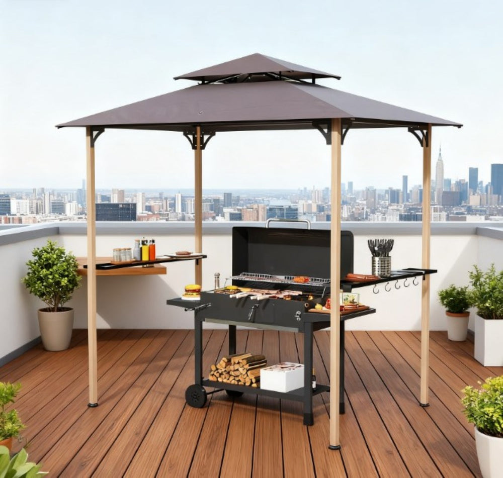 English Elm Ventilated Grill Gazebo with Dual Vented Canopy Side Awning Shelves and Steel Frame T3971P426141