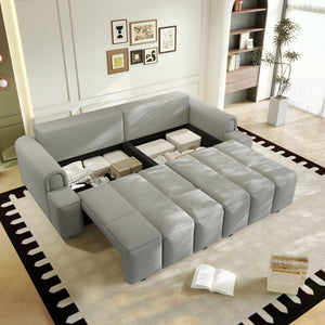 English Elm 90.2" Plush Teddy Fabric Convertible Sleeper Sofa with Hidden Storage for Living Room Light Grey W1885S00312