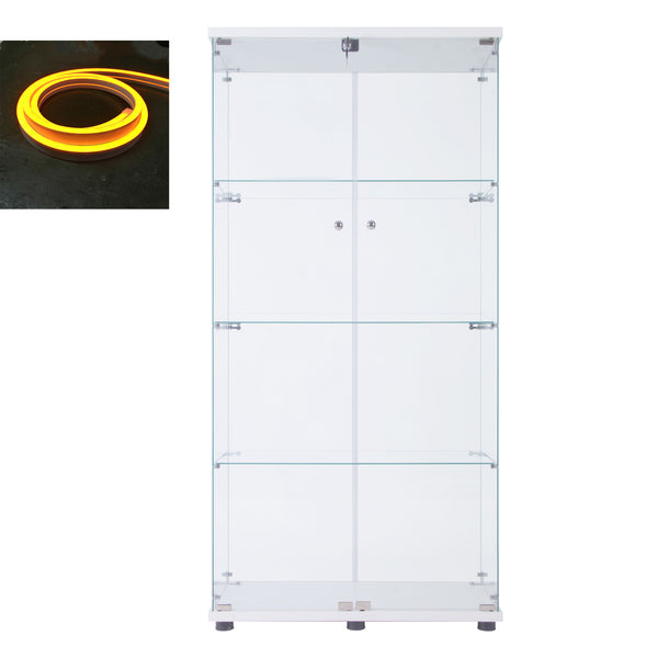 English Elm Led Strip Light Display Cabinet - Stylish Two-Door Glass Showcase With 4 Adjustable Shelves & Lock W1510S00013