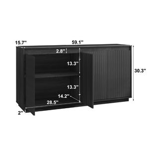 English Elm 4 Door Fluted Sideboard with Built-in Power Outlet Handleless Modern Dining Storage Cabinet Black W409P454238