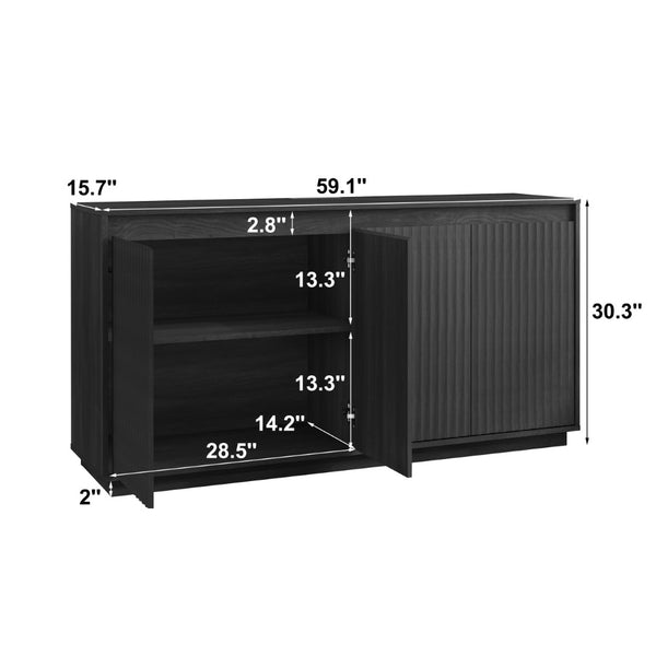 English Elm 4 Door Fluted Sideboard with Built-in Power Outlet Handleless Modern Dining Storage Cabinet Black W409P454238