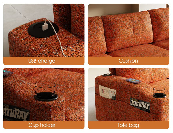 English Elm Convertible Modular 3-Seater Sofa with Removable Ottomans, Dual Side Storage and Versatile Layouts Orange W2012P318979