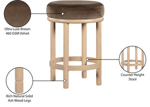 Meridian Furniture Monette Plush Velvet Counter Stool with Solid Ash Legs for Kitchen Island Seating 976Brown-C
