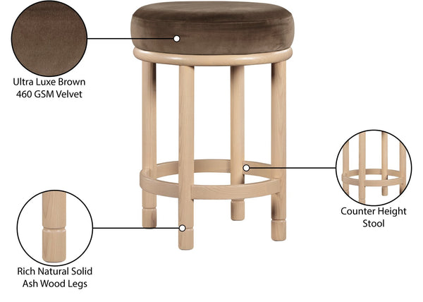 Meridian Furniture Monette Plush Velvet Counter Stool with Solid Ash Legs for Kitchen Island Seating 976Brown-C