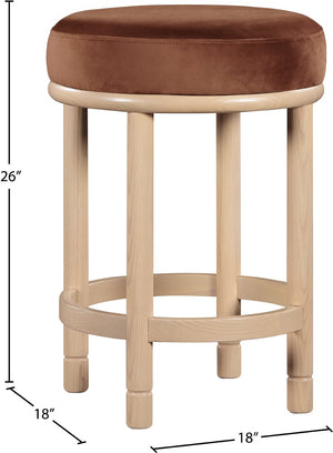 Meridian Furniture Monette Plush Cognac Velvet Counter Stool with Solid Ash Legs for Kitchen Islands 976Cognac-C