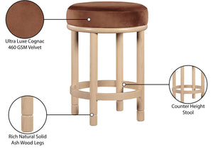 Meridian Furniture Monette Plush Cognac Velvet Counter Stool with Solid Ash Legs for Kitchen Islands 976Cognac-C