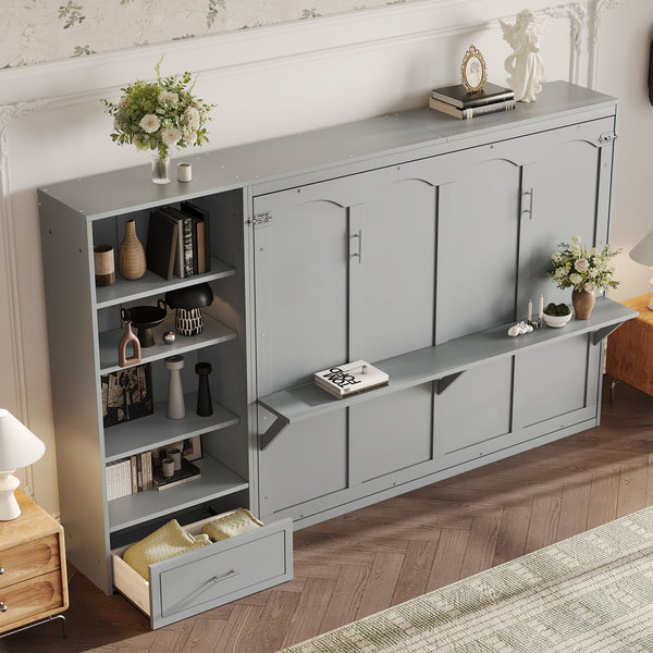 English Elm Queen Murphy Bed with Built-In Shelves, Height-Adjustable Storage & Drawer for Small Spaces Gray 71.6 L x 21.5 W x 6.1 H N733S309223E