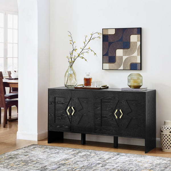 English Elm 60" Mid Century Modern Sideboard Buffet Cabinet with Fluted Diamond Front, Adjustable Shelves, Black — Stylish Storage for TV, Dining, Entryway W1801P290306