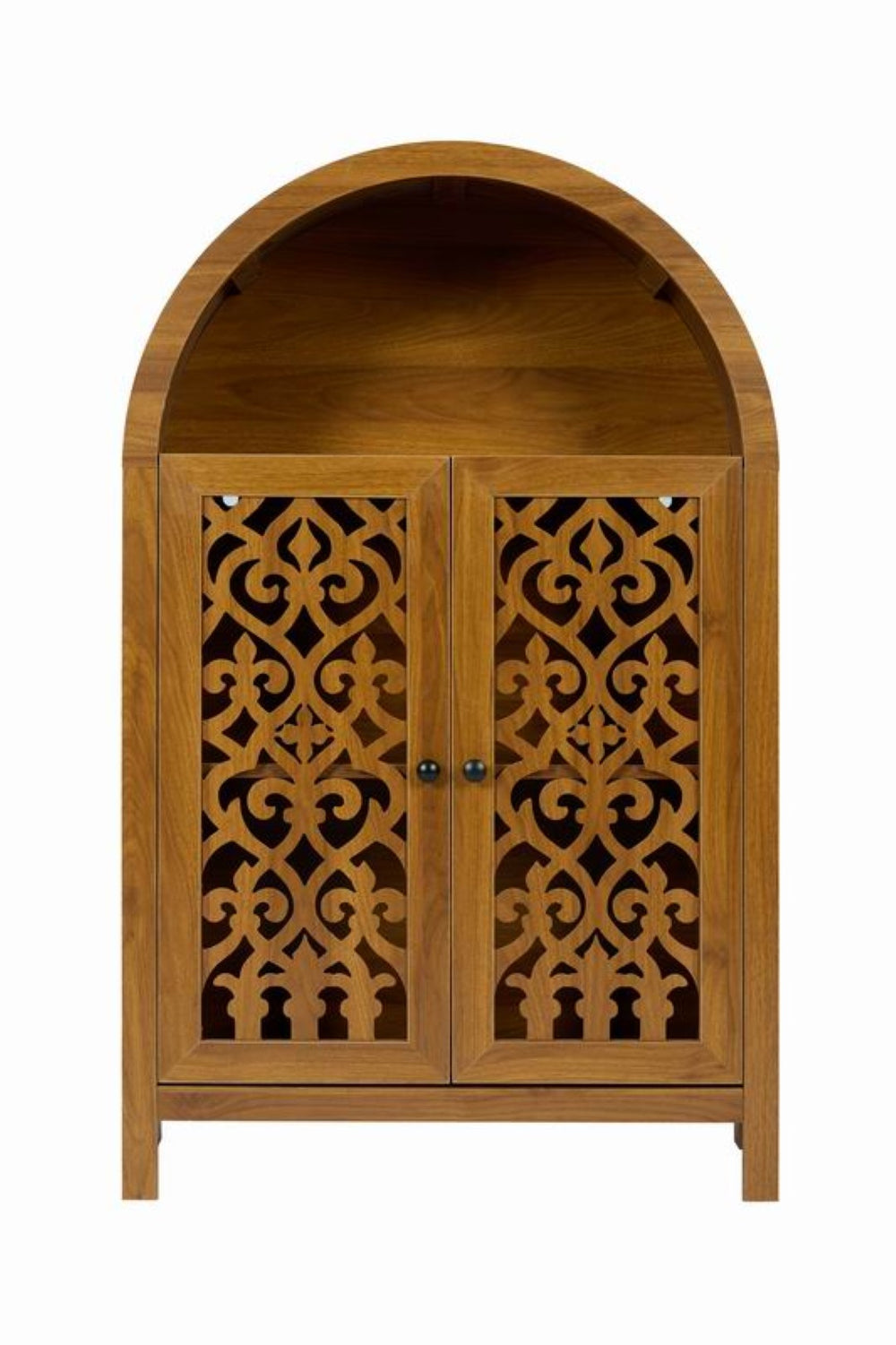 English Elm Hand-carved Solid Wood Tall Narrow Cabinet with Floral Arched Doors and Open Shelving W3123P485765