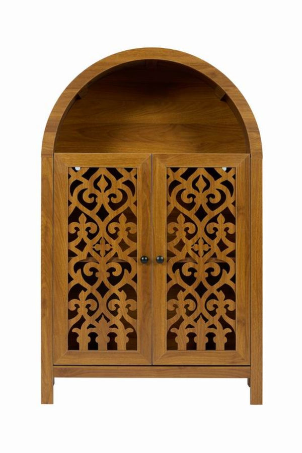 English Elm Hand-carved Solid Wood Tall Narrow Cabinet with Floral Arched Doors and Open Shelving W3123P485765