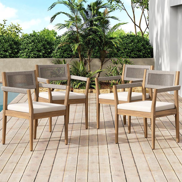 English Elm Christopher Knight Home® - Braided Acacia Wood Outdoor Dining Chairs Set Of 4 – Stylish Teak Finish, Cream Cushions & Armrests N770P286668C004