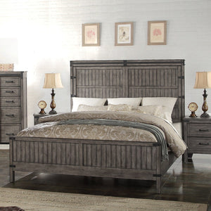 English Elm Storehouse Queen Bed Smoked Grey Wood Grain Plank Headboard with Iron Rivet Detail B108S00051