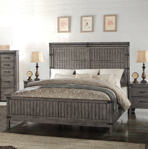 English Elm Storehouse Queen Bed Smoked Grey Wood Grain Plank Headboard with Iron Rivet Detail B108S00051