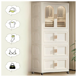 English Elm 25.59" Cream White Folding Wardrobe with Wheels, Magnetic Door, Durable PP, 1 Closet + 3 Boxes +10 Hangers W2873P239389
