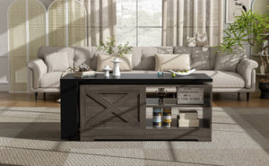 English Elm U-can Farmhouse Lift Top Coffee Table Barn Door Hidden Storage Living Room Brown+Black N724P351732E