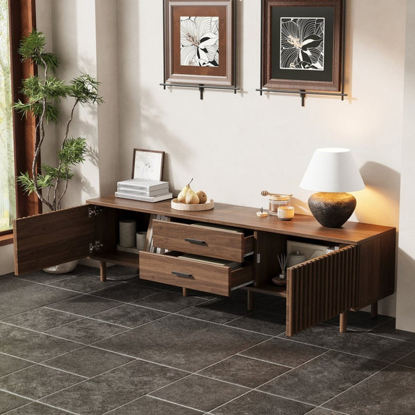 English Elm 70inch Rattan Door Media Console with Iron Legs Natural Wood Finish Living Room N710P429516Q