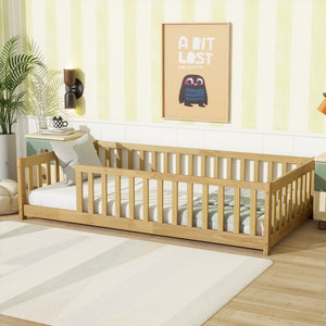 English Elm Twin Size Rubberwood Floor Bed with Safety Fence for Toddler Rooms Natural Finish W504P370528