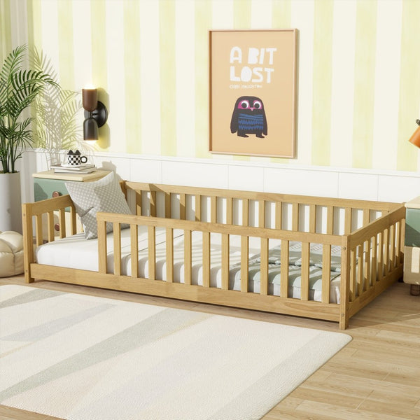 English Elm Twin Size Rubberwood Floor Bed with Safety Fence for Toddler Rooms Natural Finish W504P370528