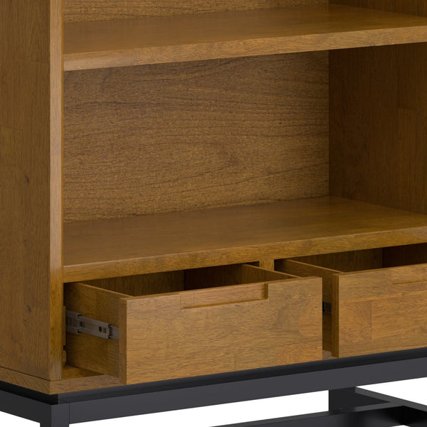 English Elm Banting Mid Century Bookcase – Solid Rubberwood Brown with Metal Base, Adjustable Shelves & Drawers B136P238610