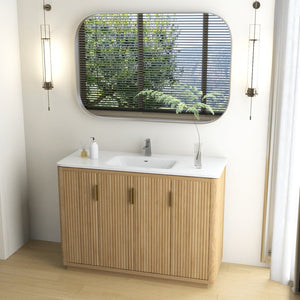English Elm 48 Inch Freestanding Vanity Natural Wood Grain Four Door Storage Gold Pulls Ceramic Sink W3235S00006