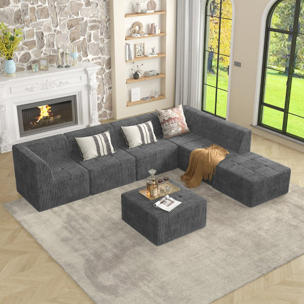 English Elm Ottoman Modular Sectional Sofa Terrycloth Upholstered Foam Sleeper for Modern Living Spaces Grey W487P462940