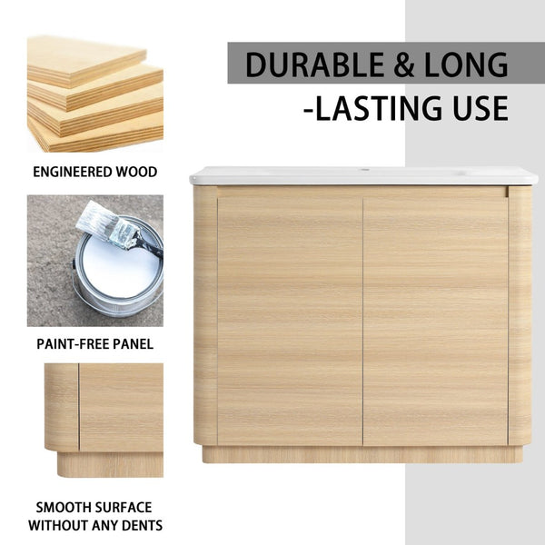 English Elm 40'' Freestanding Bathroom Vanity Plywood Cabinet Ceramic Sink Soft Close Doors W999S00518