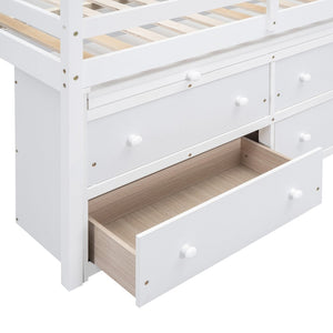 English Elm Full Size Kids Loft Bed Pinewood Frame Dual Study Desks Drawers and Open Shelving White LT000369AAK