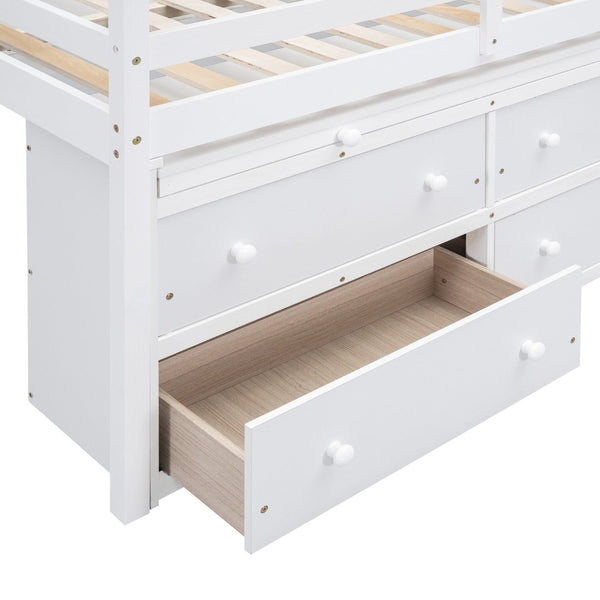 English Elm Full Size Kids Loft Bed Pinewood Frame Dual Study Desks Drawers and Open Shelving White LT000369AAK