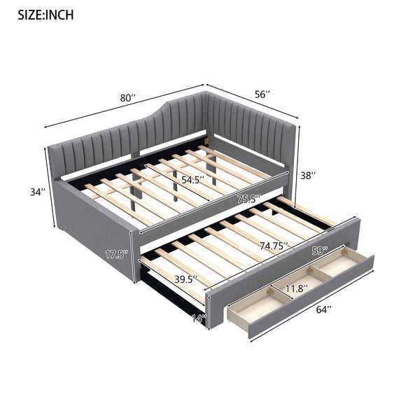 English Elm Full Upholstered Daybed with Trundle and Three Drawers, Linen-Blend Fabric, Space-Saving Guest Bed, Storage-Friendly Design Gray DL002058AAE