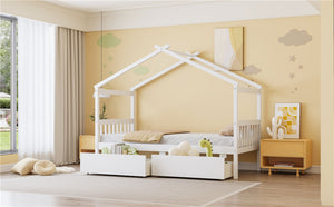 English Elm Twin House Bed Solid Pine Kids Cottage Frame with Storage Drawers Imaginative Room N708P309245K