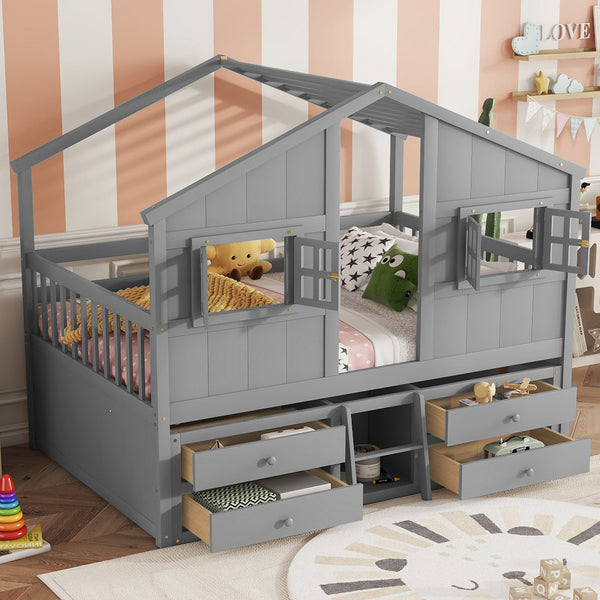 English Elm Full Size House Loft Bed With Roof & Windows, 4 Storage Drawers, Safe Pine Frame In Grey Finish W504S00241