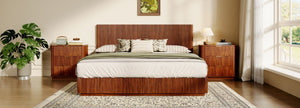 English Elm Queen Bed Frame with Led Lighting Curved Groove Panels and Floating Base Modern Bedroom Walnut W1820S00051