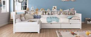 English Elm Twin Corner Daybed with Storage Drawers Bookshelf Wood L-shape Frame for Small Rooms White N733S369272K