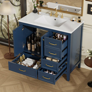 English Elm 36" Solid Pine Bathroom Vanity with Ceramic Sink 4 Soft Close Drawers Vintage Style Blue N759S293646C