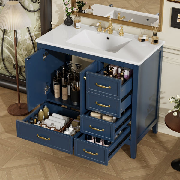 English Elm 36" Solid Pine Bathroom Vanity with Ceramic Sink 4 Soft Close Drawers Vintage Style Blue N759S293646C