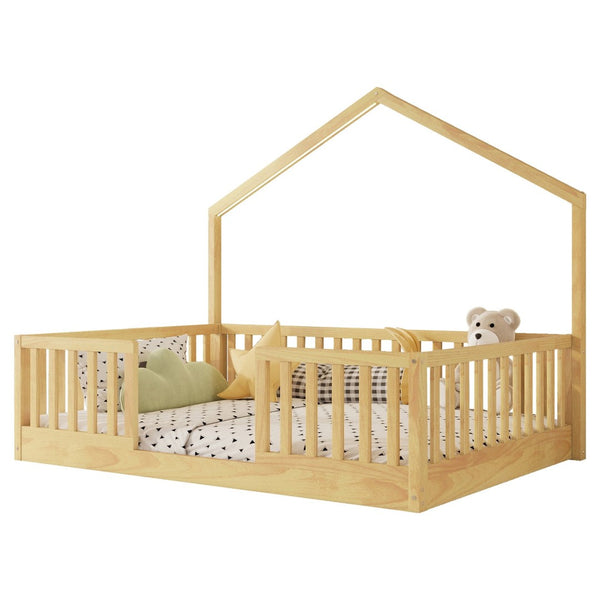 English Elm Twin Montessori Floor Bed House Frame with Led Lighting and Safety Rails for Kids Natural W2593P440609