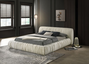 English Elm Platform Queen Bed Pleated Upholstered Frame Low Profile Contemporary Bedroom Furniture Ivory B2741S00838