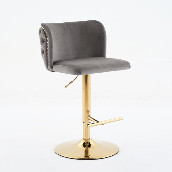 English Elm A&A Luxe Velvet Swivel Barstool with Gold-Plated 17.7" Base, Tufted Back, Ergonomic Waist Support Gray W1143P204046