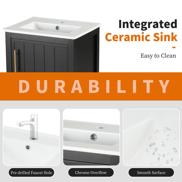 English Elm 20" Matte Freestanding Bathroom Vanity Rubberwood Cabinet Ceramic Sink Open Shelf Black N725P391115B