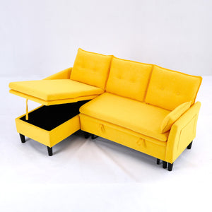 English Elm L-Shaped Reversible Chaise Sectional Sofa with Storage and Fold-Out Bed Cotton-Linen Modern Design Yellow W3371S00027
