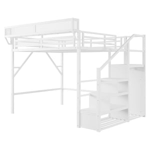 English Elm Queen Size Loft Bed With Stairs & Storage Shelves - Stylish Metal Frame For Kids & Teens, White W2580S00031-GIGA