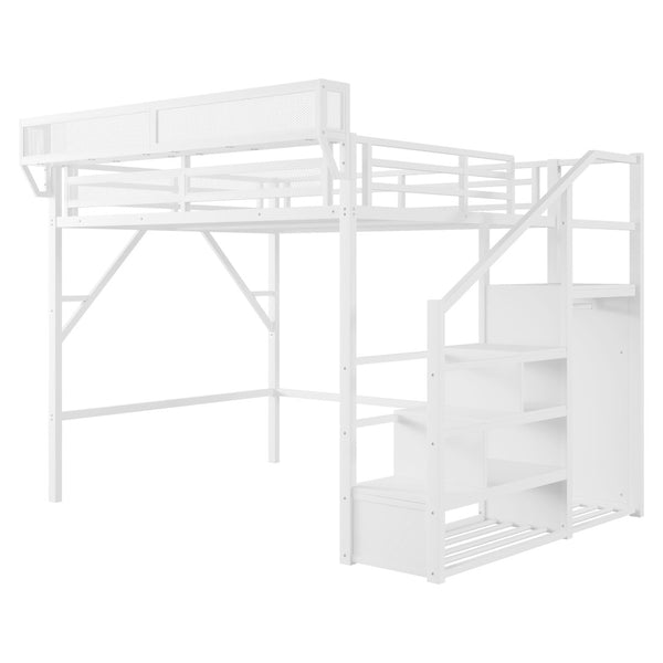 English Elm Queen Size Loft Bed With Stairs & Storage Shelves - Stylish Metal Frame For Kids & Teens, White W2580S00031-GIGA