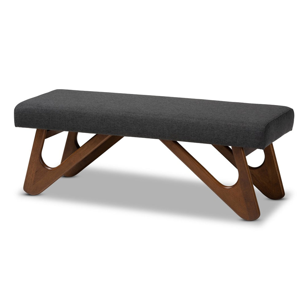 Baxton Studio Baxton Rika Mid-Century Modern Boomerang Bench - Dark Grey Upholstered Walnut Accent Seating Solution BBT5367-Dark Grey/Walnut-Bench