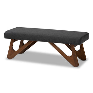 Baxton Studio Baxton Rika Mid-Century Modern Boomerang Bench - Dark Grey Upholstered Walnut Accent Seating Solution BBT5367-Dark Grey/Walnut-Bench